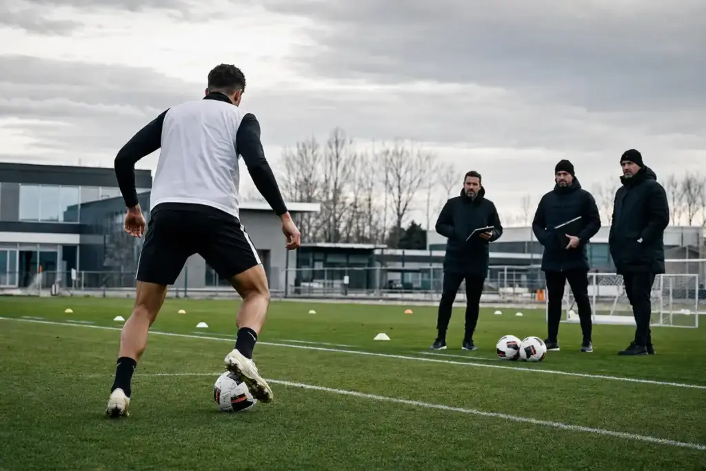Attaccante in allenamento controlla il pallone mentre tre membri dello staff lo osservano a bordo campo