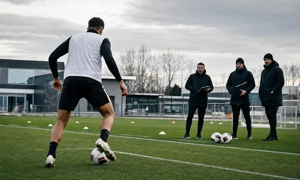Attaccante in allenamento controlla il pallone mentre tre membri dello staff lo osservano a bordo campo