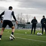 Attaccante in allenamento controlla il pallone mentre tre membri dello staff lo osservano a bordo campo