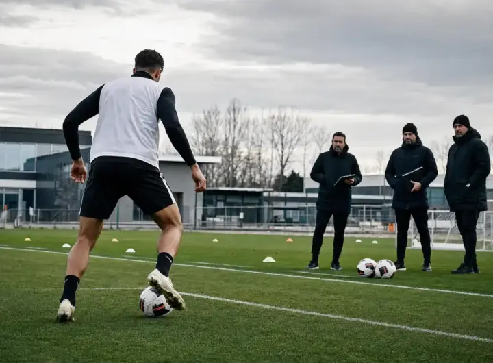 Attaccante in allenamento controlla il pallone mentre tre membri dello staff lo osservano a bordo campo