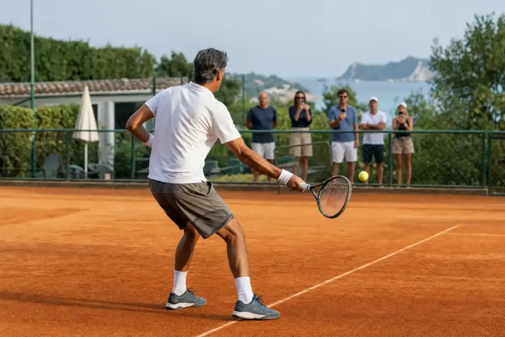 Tennista maturo colpisce un dritto su un campo in terra rossa, con alcuni spettatori dietro la recinzione e il mare sullo