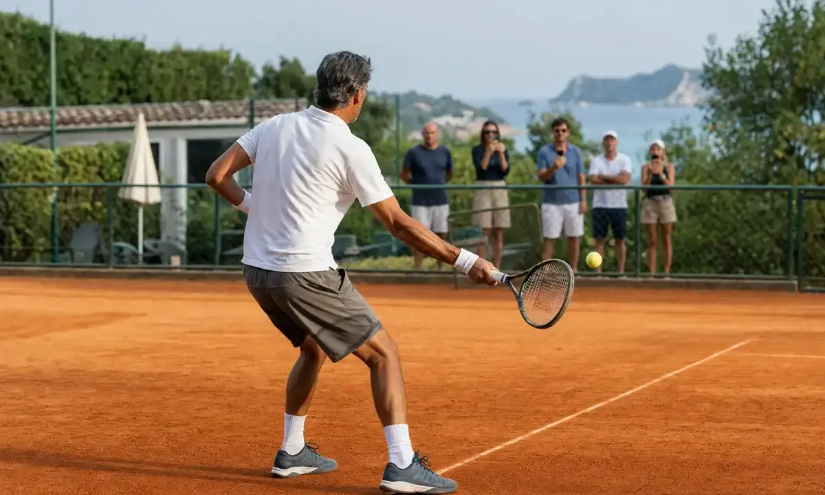 Tennista maturo colpisce un dritto su un campo in terra rossa, con alcuni spettatori dietro la recinzione e il mare sullo