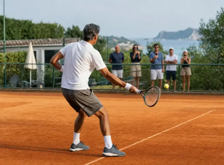 Tennista maturo colpisce un dritto su un campo in terra rossa, con alcuni spettatori dietro la recinzione e il mare sullo