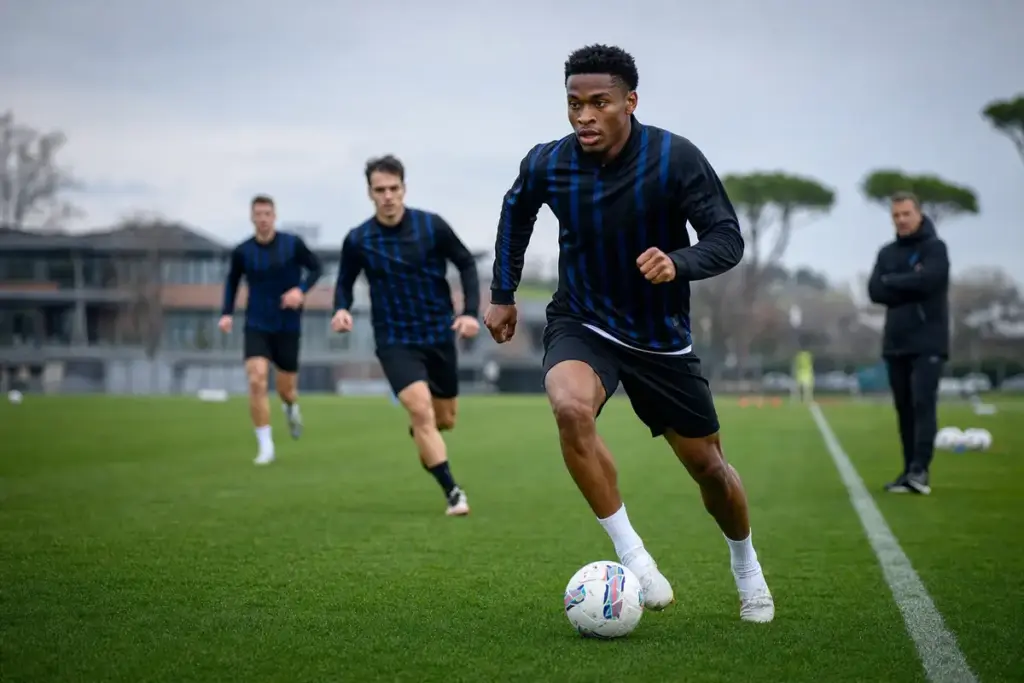 Calciatore in maglia scura a righe blu dribbla il pallone in allenamento, con compagni e allenatore sullo sfondo