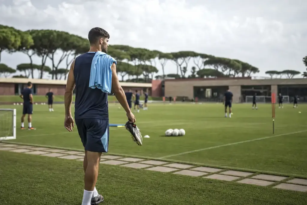 Calciatore di spalle entra in campo d’allenamento con scarpini in mano e maglia azzurra sulla spalla
