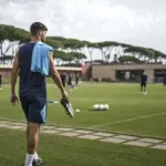 Calciatore di spalle entra in campo d’allenamento con scarpini in mano e maglia azzurra sulla spalla