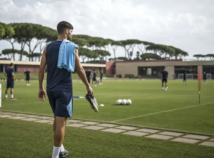 Calciatore di spalle entra in campo d’allenamento con scarpini in mano e maglia azzurra sulla spalla