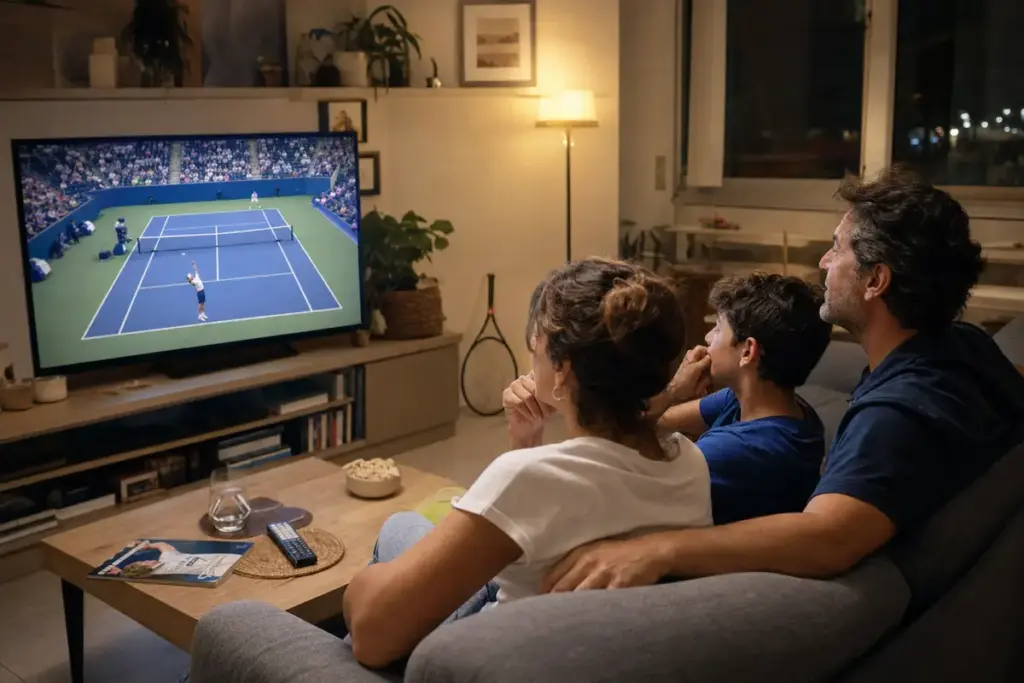 Famiglia sul divano guarda una partita di tennis in diretta su una TV a schermo grande, in salotto la sera