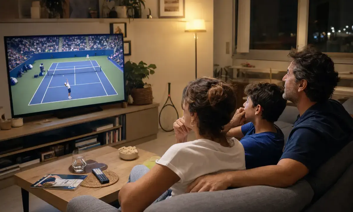Famiglia sul divano guarda una partita di tennis in diretta su una TV a schermo grande, in salotto la sera