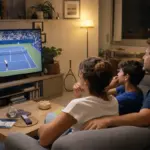 Famiglia sul divano guarda una partita di tennis in diretta su una TV a schermo grande, in salotto la sera