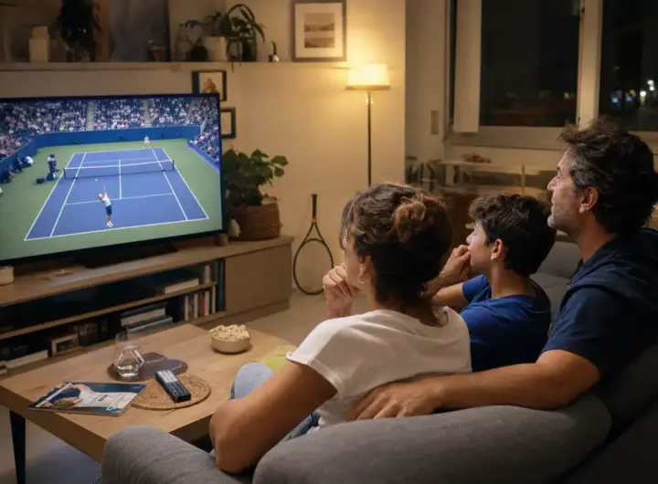 Famiglia sul divano guarda una partita di tennis in diretta su una TV a schermo grande, in salotto la sera