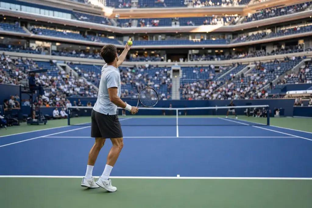 Tennista di spalle mentre lancia la palla per il servizio su un campo in cemento blu in uno stadio pieno di spettatori
