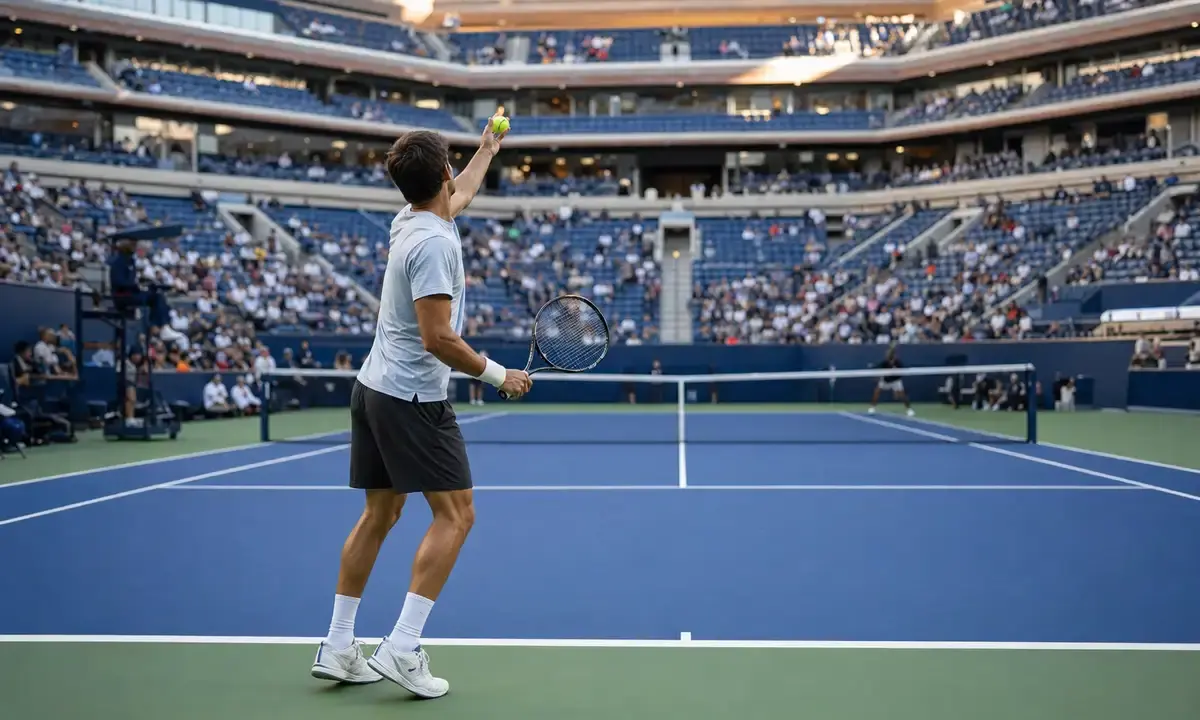 Tennista di spalle mentre lancia la palla per il servizio su un campo in cemento blu in uno stadio pieno di spettatori