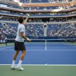 Tennista di spalle mentre lancia la palla per il servizio su un campo in cemento blu in uno stadio pieno di spettatori