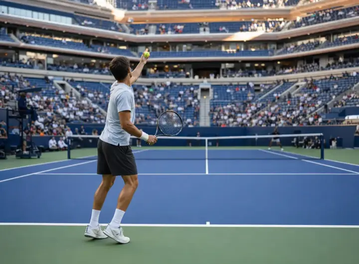 Tennista di spalle mentre lancia la palla per il servizio su un campo in cemento blu in uno stadio pieno di spettatori