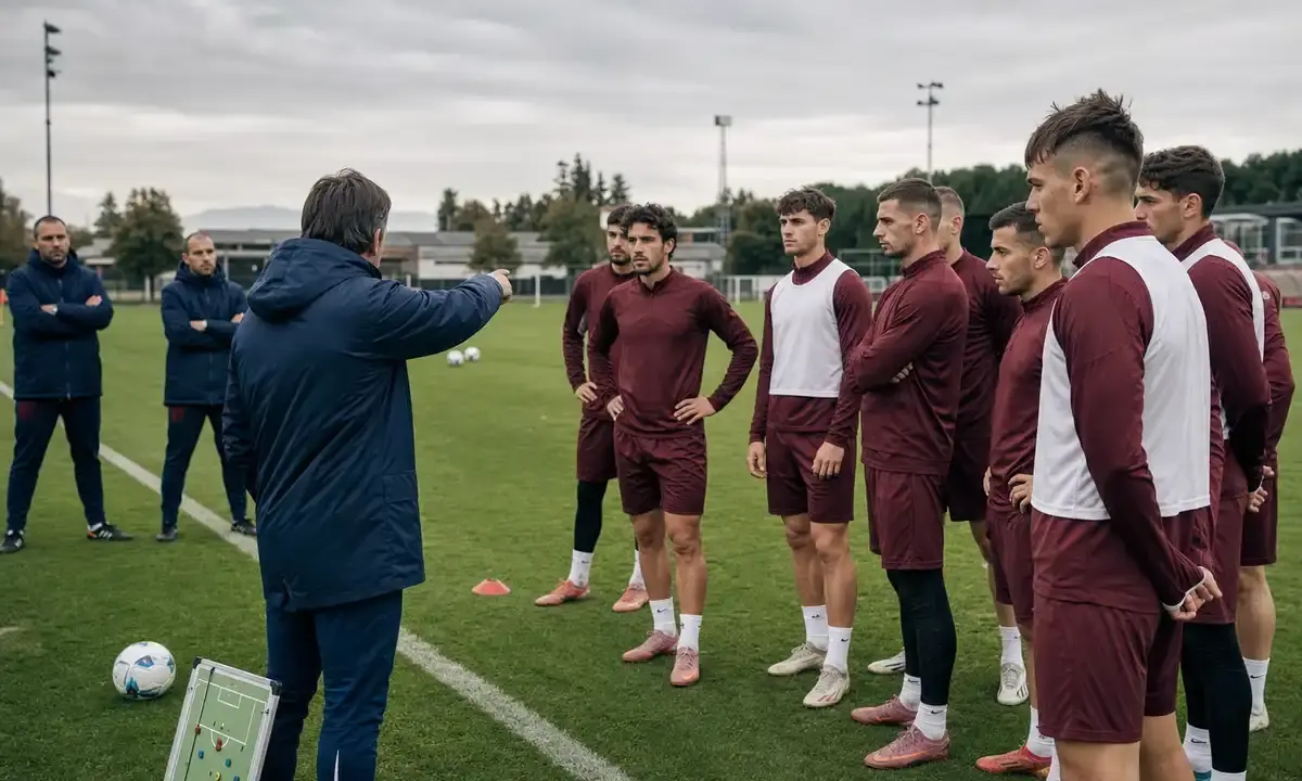 Allenatore indica il campo a un gruppo di calciatori in tenuta granata durante un allenamento su campo in erba