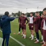 Allenatore indica il campo a un gruppo di calciatori in tenuta granata durante un allenamento su campo in erba