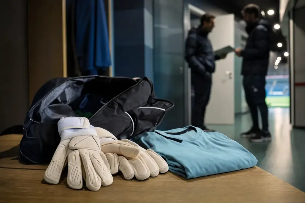 Guanti da portiere e borsa aperta su una panca, con maglia piegata; sullo sfondo due staff in corridoio