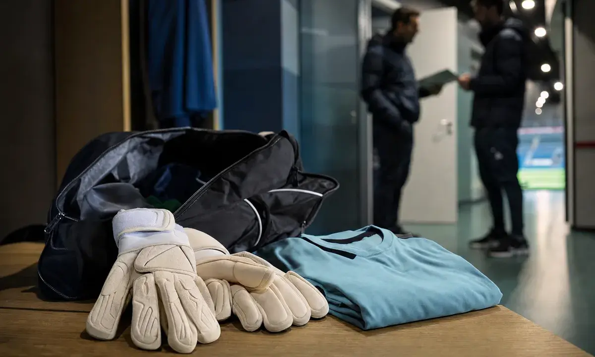 Guanti da portiere e borsa aperta su una panca, con maglia piegata; sullo sfondo due staff in corridoio