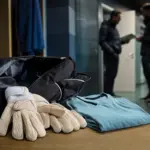 Guanti da portiere e borsa aperta su una panca, con maglia piegata; sullo sfondo due staff in corridoio