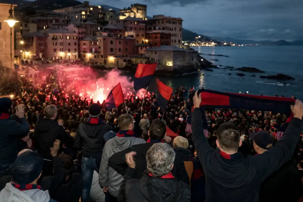 Tifosi con sciarpe e bandiere rosso-blu tra fumogeni, sullo sfondo il mare e le case di Boccadasse al tramonto