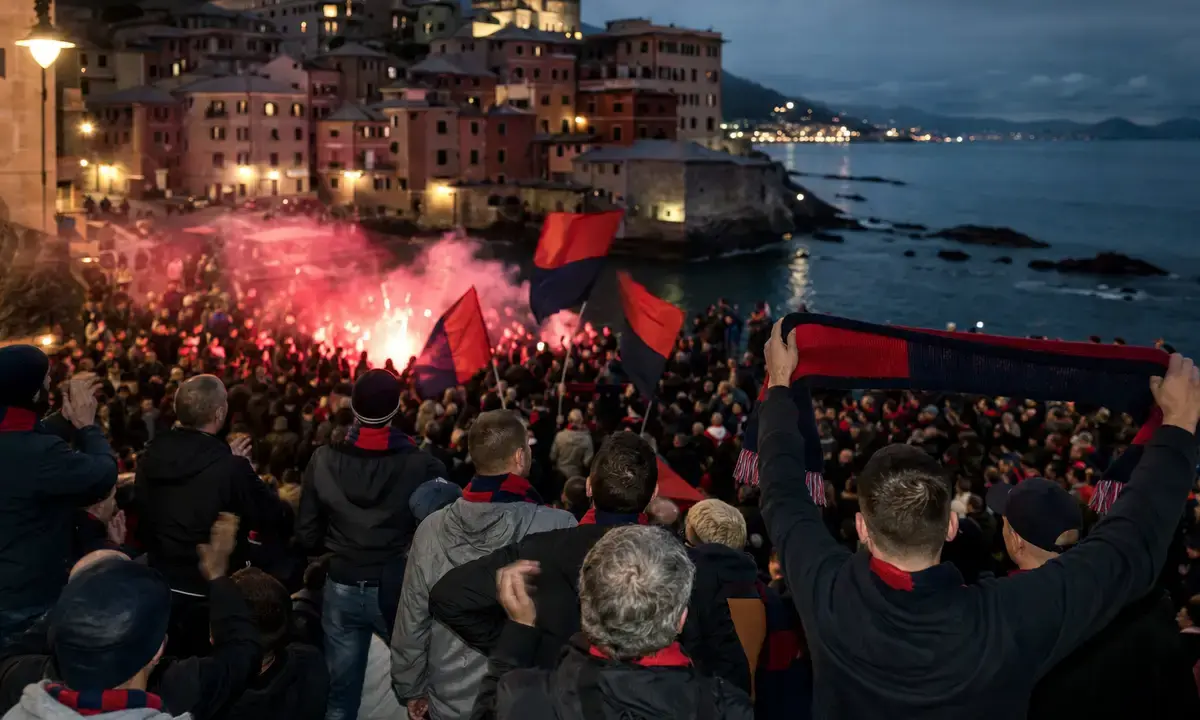 Tifosi con sciarpe e bandiere rosso-blu tra fumogeni, sullo sfondo il mare e le case di Boccadasse al tramonto