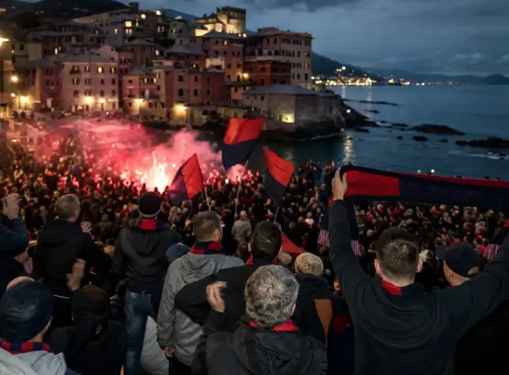 Tifosi con sciarpe e bandiere rosso-blu tra fumogeni, sullo sfondo il mare e le case di Boccadasse al tramonto