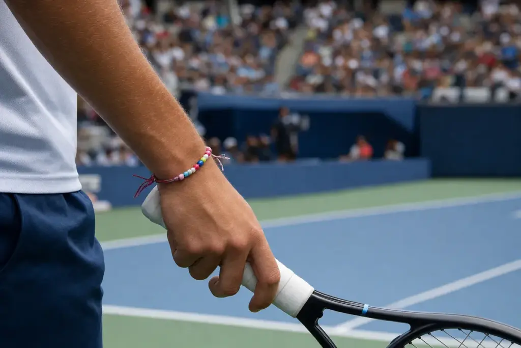 Polso di un tennista con braccialetto di perline colorate mentre impugna la racchetta su un campo in cemento