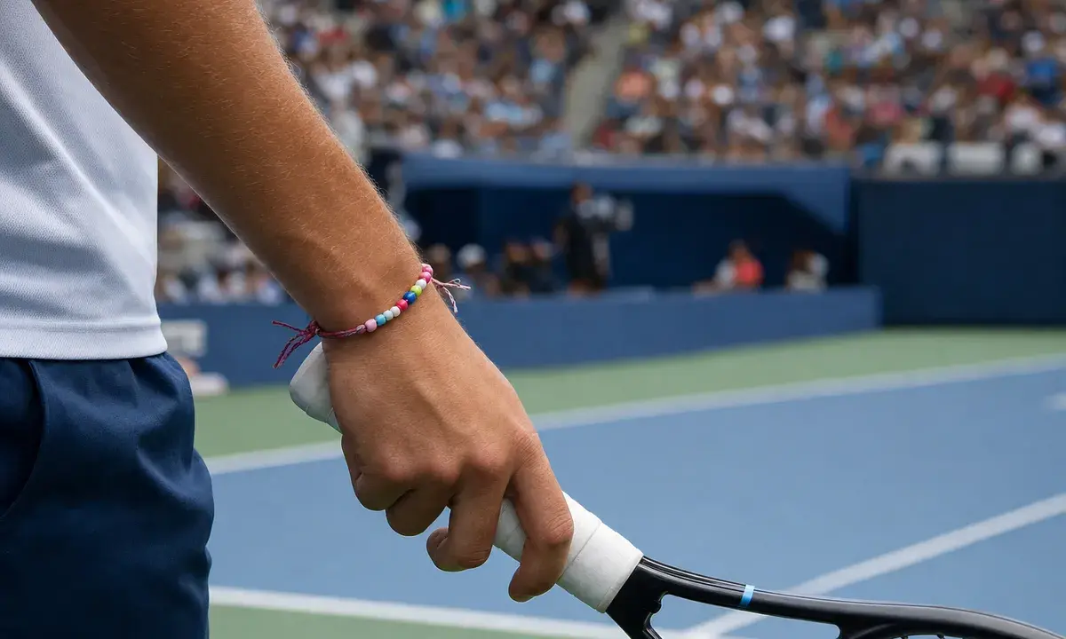 Polso di un tennista con braccialetto di perline colorate mentre impugna la racchetta su un campo in cemento