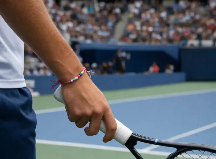 Polso di un tennista con braccialetto di perline colorate mentre impugna la racchetta su un campo in cemento