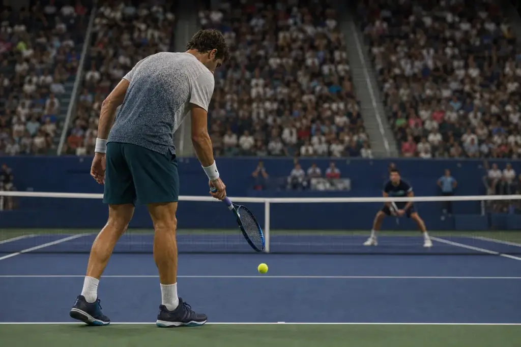 Tennista al servizio che fa rimbalzare la pallina sulla linea di fondo, con avversario in attesa dall’altra parte della rete