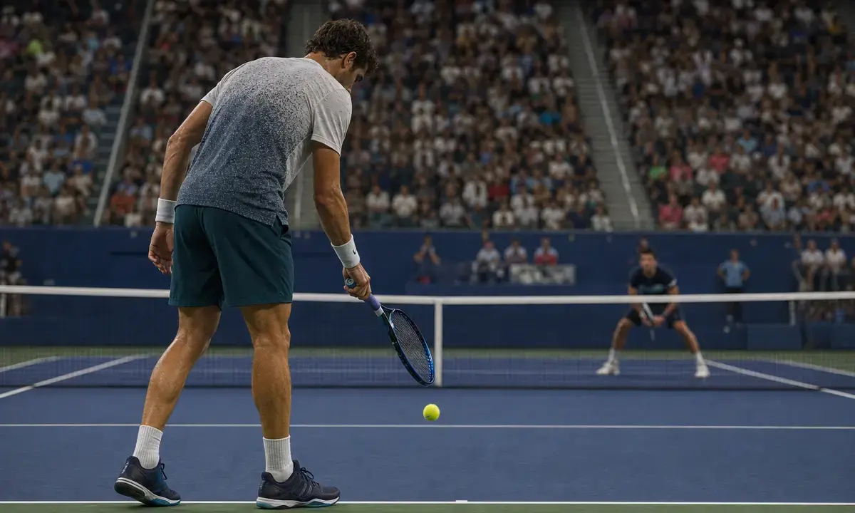 Tennista al servizio che fa rimbalzare la pallina sulla linea di fondo, con avversario in attesa dall’altra parte della rete