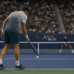 Tennista al servizio che fa rimbalzare la pallina sulla linea di fondo, con avversario in attesa dall’altra parte della rete