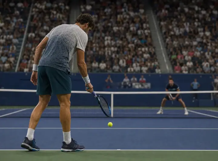 Tennista al servizio che fa rimbalzare la pallina sulla linea di fondo, con avversario in attesa dall’altra parte della rete