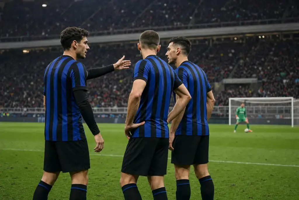 Tre difensori in maglia a strisce nerazzurre parlano in area durante il riscaldamento, con portiere sullo sfondo