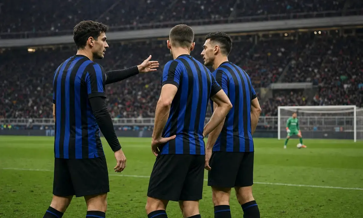 Tre difensori in maglia a strisce nerazzurre parlano in area durante il riscaldamento, con portiere sullo sfondo