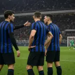 Tre difensori in maglia a strisce nerazzurre parlano in area durante il riscaldamento, con portiere sullo sfondo