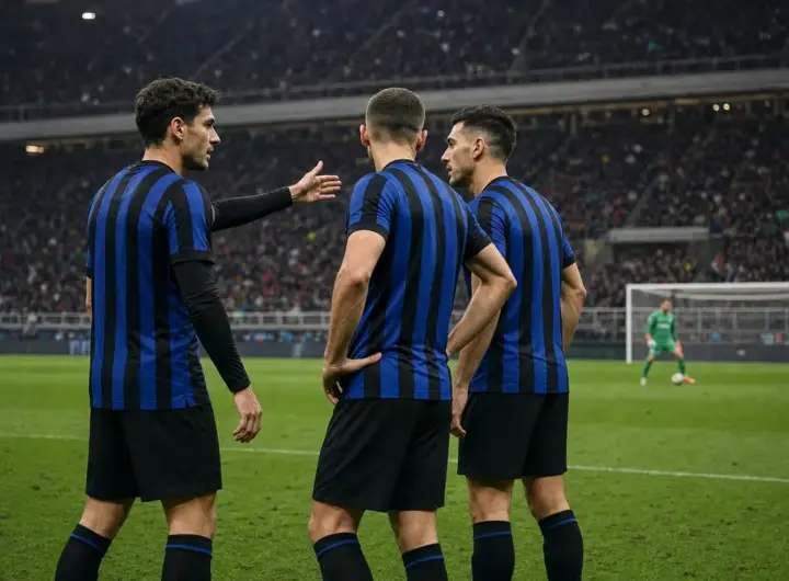 Tre difensori in maglia a strisce nerazzurre parlano in area durante il riscaldamento, con portiere sullo sfondo