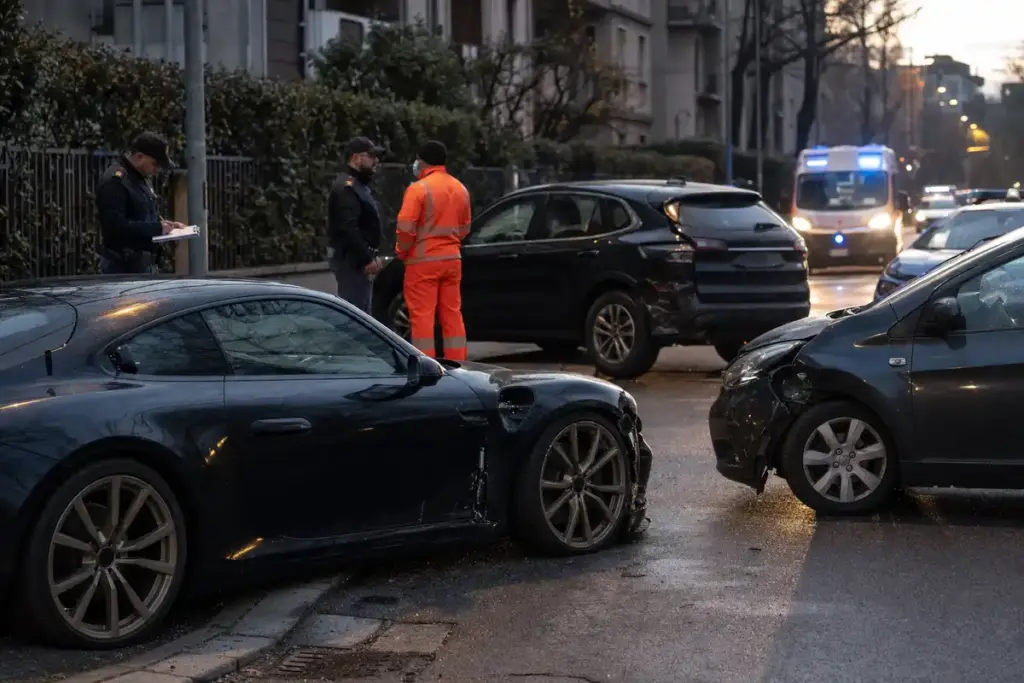 Auto incidentate all’alba con agenti che effettuano i rilievi e ambulanza sullo sfondo