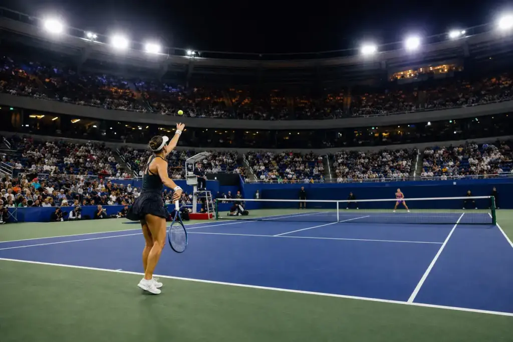 Tennista al servizio su un campo in cemento illuminato di notte, con avversaria in risposta e pubblico sugli spalti