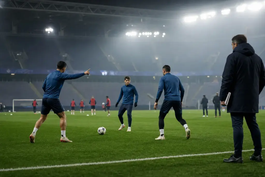 Tre calciatori in tuta blu in allenamento notturno in uno stadio, con pallone e allenatore a bordo campo
