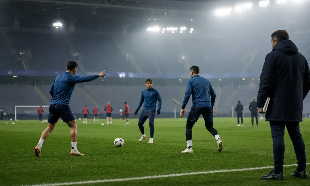 Tre calciatori in tuta blu in allenamento notturno in uno stadio, con pallone e allenatore a bordo campo