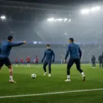 Tre calciatori in tuta blu in allenamento notturno in uno stadio, con pallone e allenatore a bordo campo