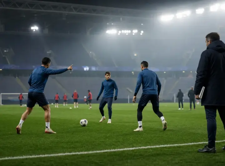Tre calciatori in tuta blu in allenamento notturno in uno stadio, con pallone e allenatore a bordo campo