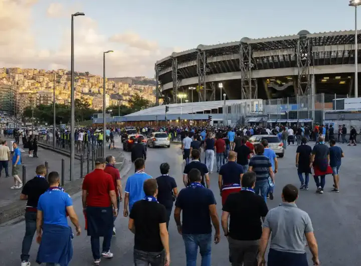 Tifosi in maglia azzurra e sciarpe camminano verso uno stadio al tramonto, con auto e transenne
