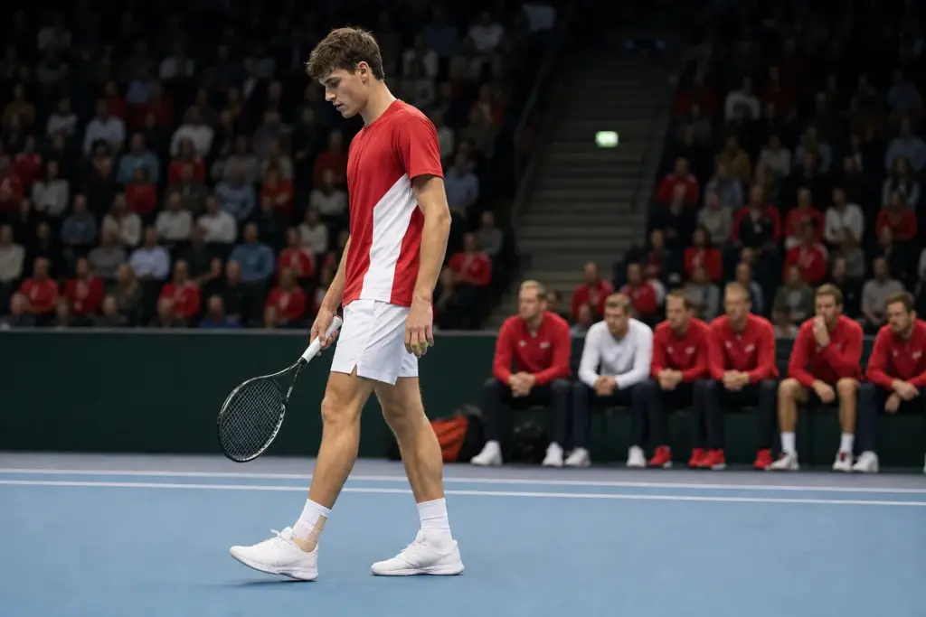 Tennista in maglia rossa e pantaloncini bianchi cammina in un’arena indoor, con caviglia fasciata e panchina della squadra