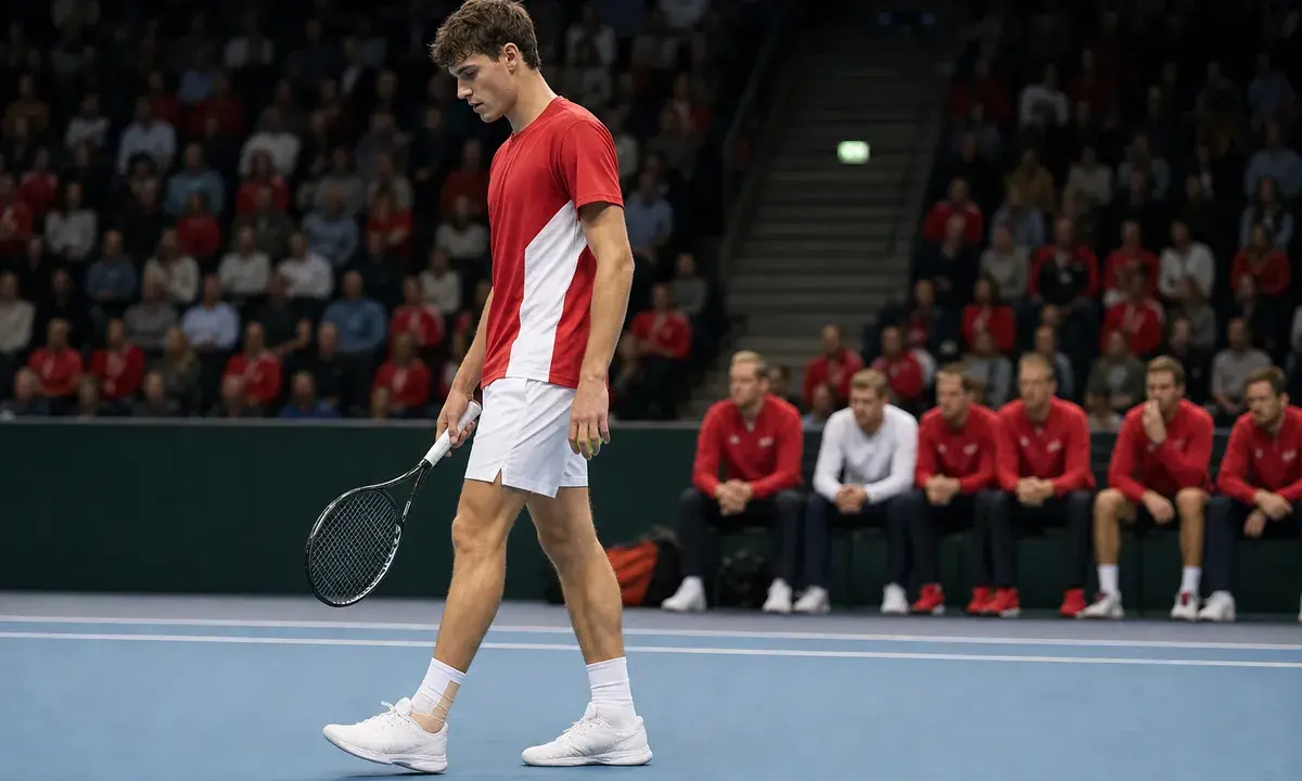 Tennista in maglia rossa e pantaloncini bianchi cammina in un’arena indoor, con caviglia fasciata e panchina della squadra