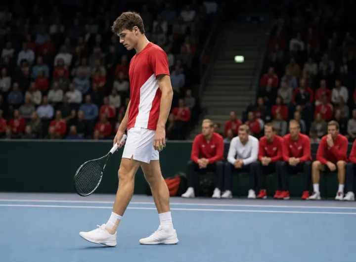 Tennista in maglia rossa e pantaloncini bianchi cammina in un’arena indoor, con caviglia fasciata e panchina della squadra