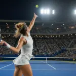 Tennista durante il servizio in uno stadio illuminato di notte, con pubblico sugli spalti e campo in cemento blu