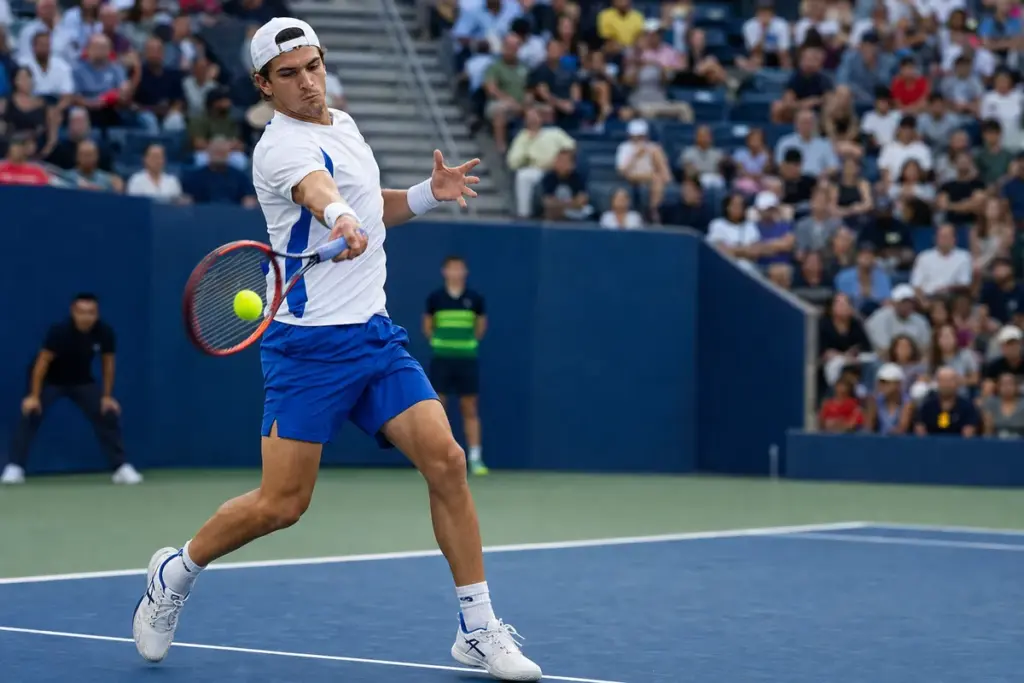 Tennista in maglia bianca e pantaloncini blu colpisce un diritto su un campo in cemento, con pubblico sugli spalti